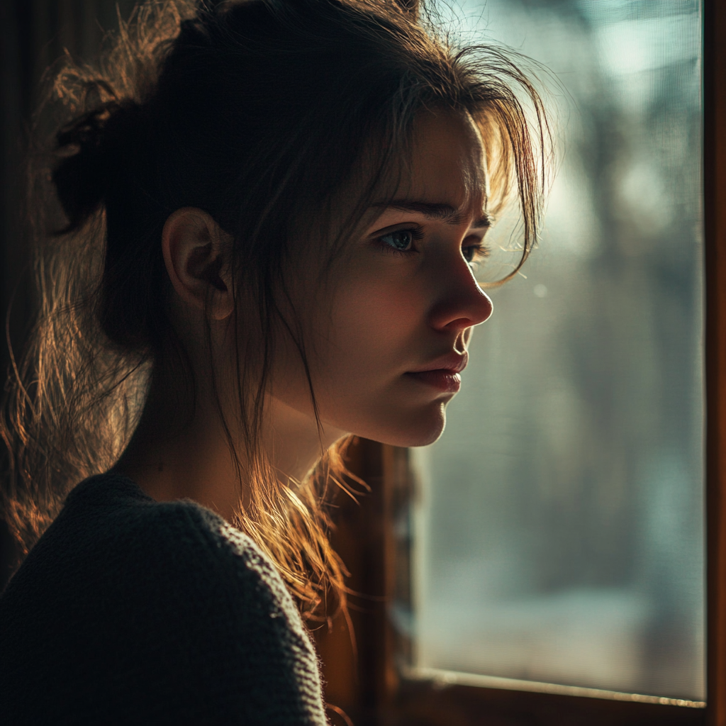 Elgondolkodó, szomorú nő | Forrás: Midjourney