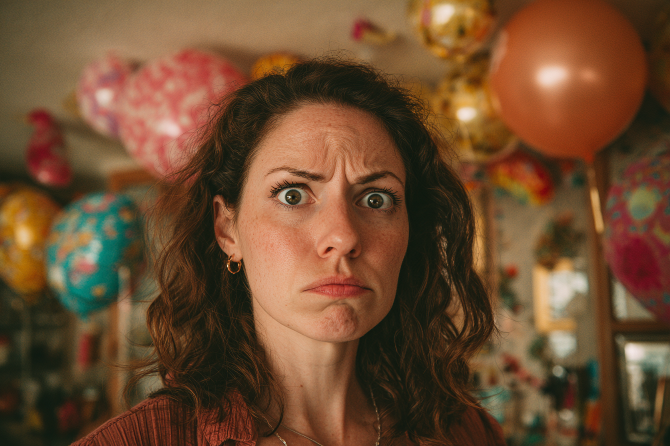 Nő rosszkedvű arckifejezéssel a születésnapi bulin