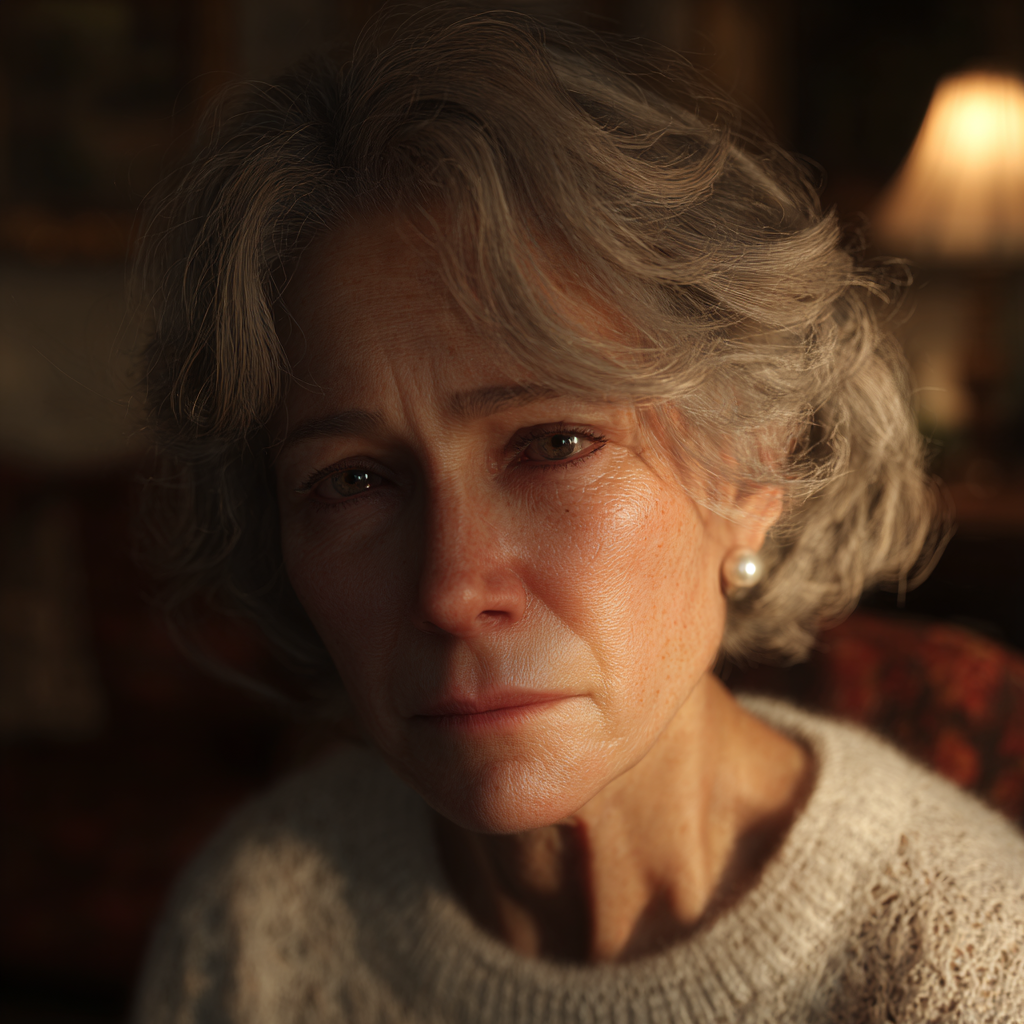 Érzelmileg megviselt idős nő elmélyülve a gondolataiban